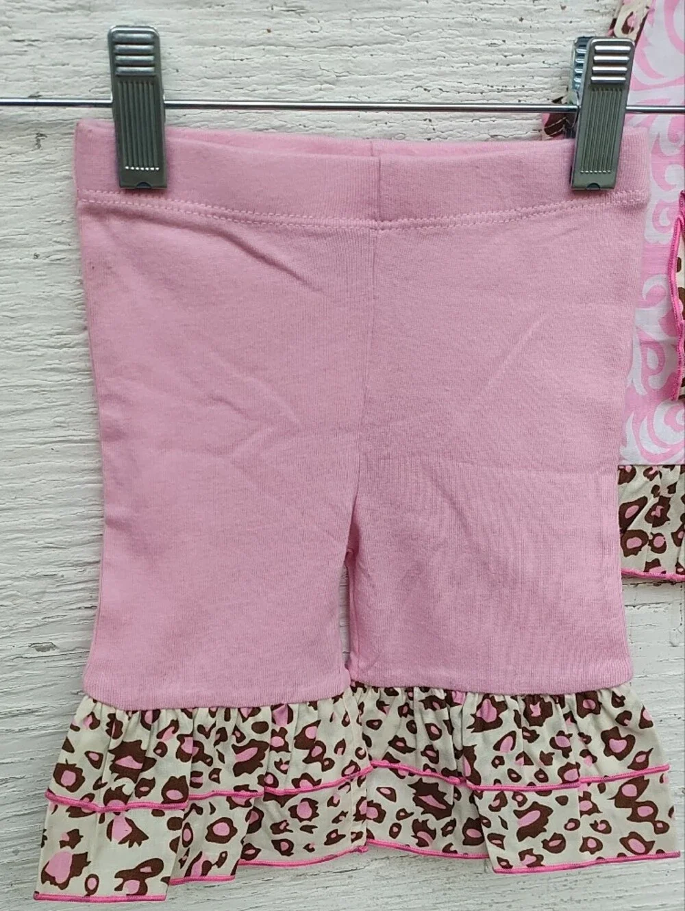 Ann Loren Girls' Pink Top Leggings with Leopard Ruffle-Trim 12-18 Mon